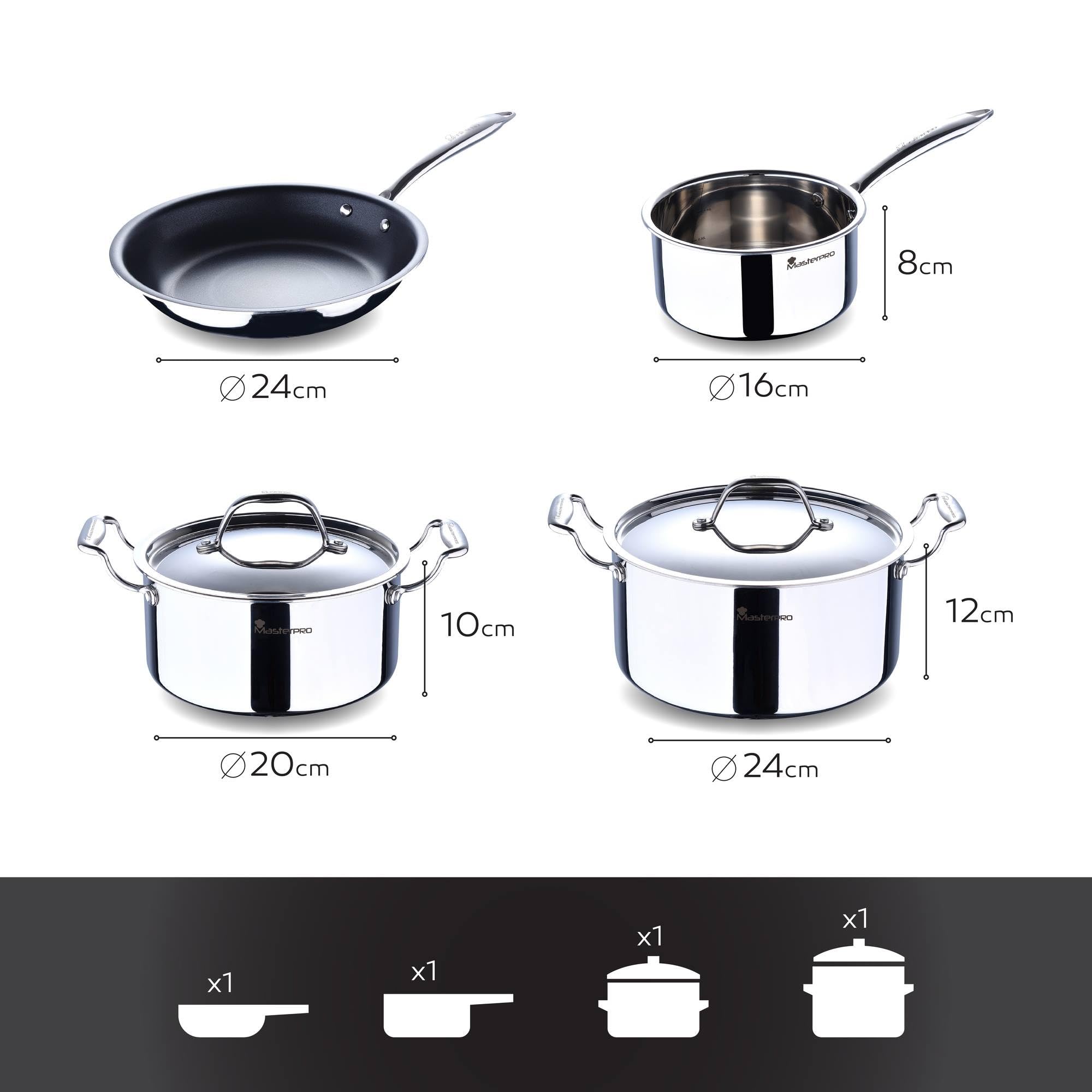Renberg BATERÍA 8PCS, Acero Inoxidable, Silver, 4 L
