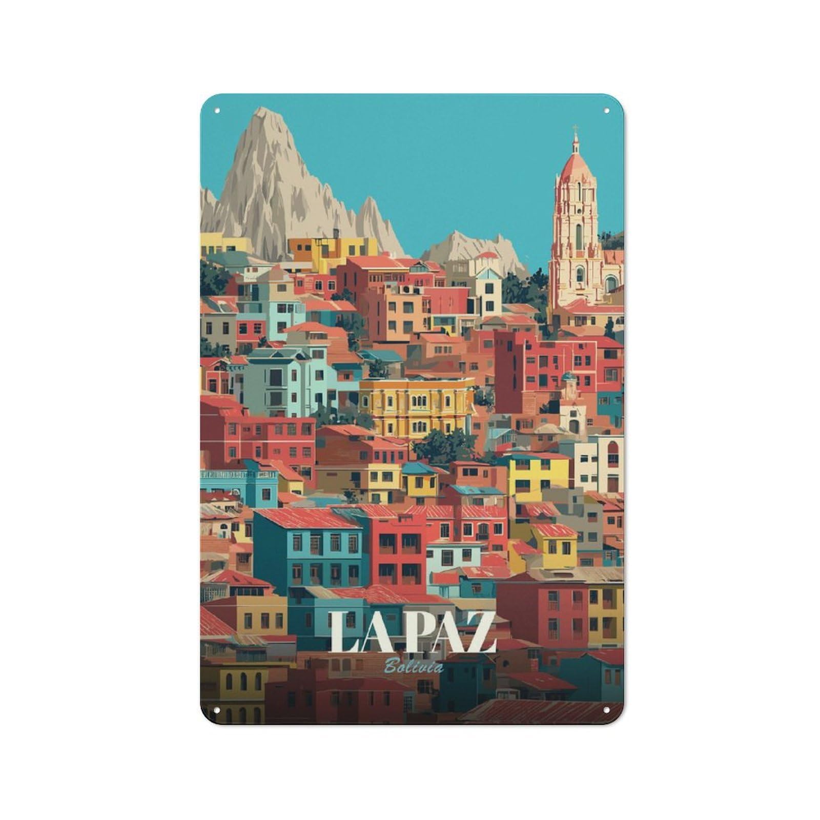 Junmoney Style-16 For Home Office Or Studio, La Paz, Bolivia Cityscape Art Vintage Metal Sign 30X20cm, New-Space Wall Decor For Home Office Decor Fans
