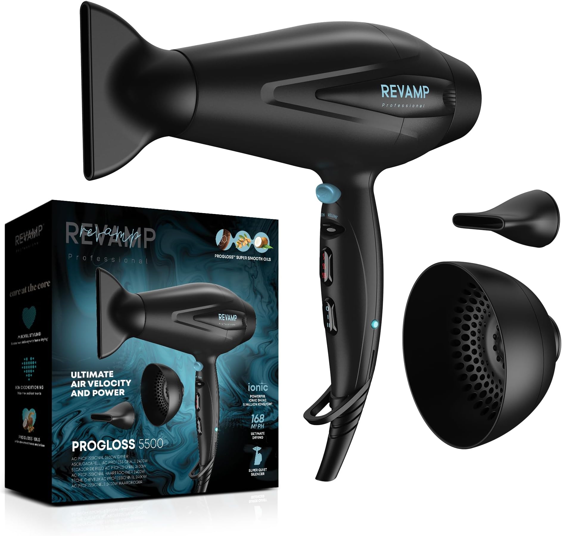 REVAMP Progloss 5500 Lightweight Hairdryer with Diffuser and Concentrator for Smooth or Voluminous Hair, Black