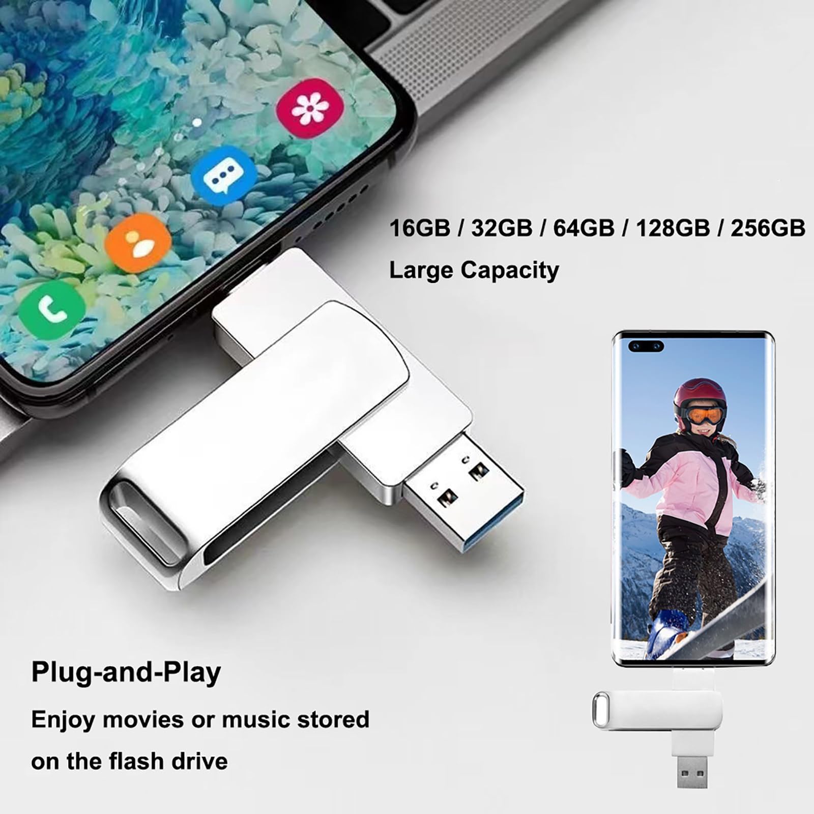 Pamięć USB Flash, 16GB/32GB/64GB/128GB/256GB USB 3.0, Interfejs USB 3.0 + Type-C, Szybki Odczyt I Zapis Danych, Do Komputerów I Telefonów Komórkowych Silver-256GB