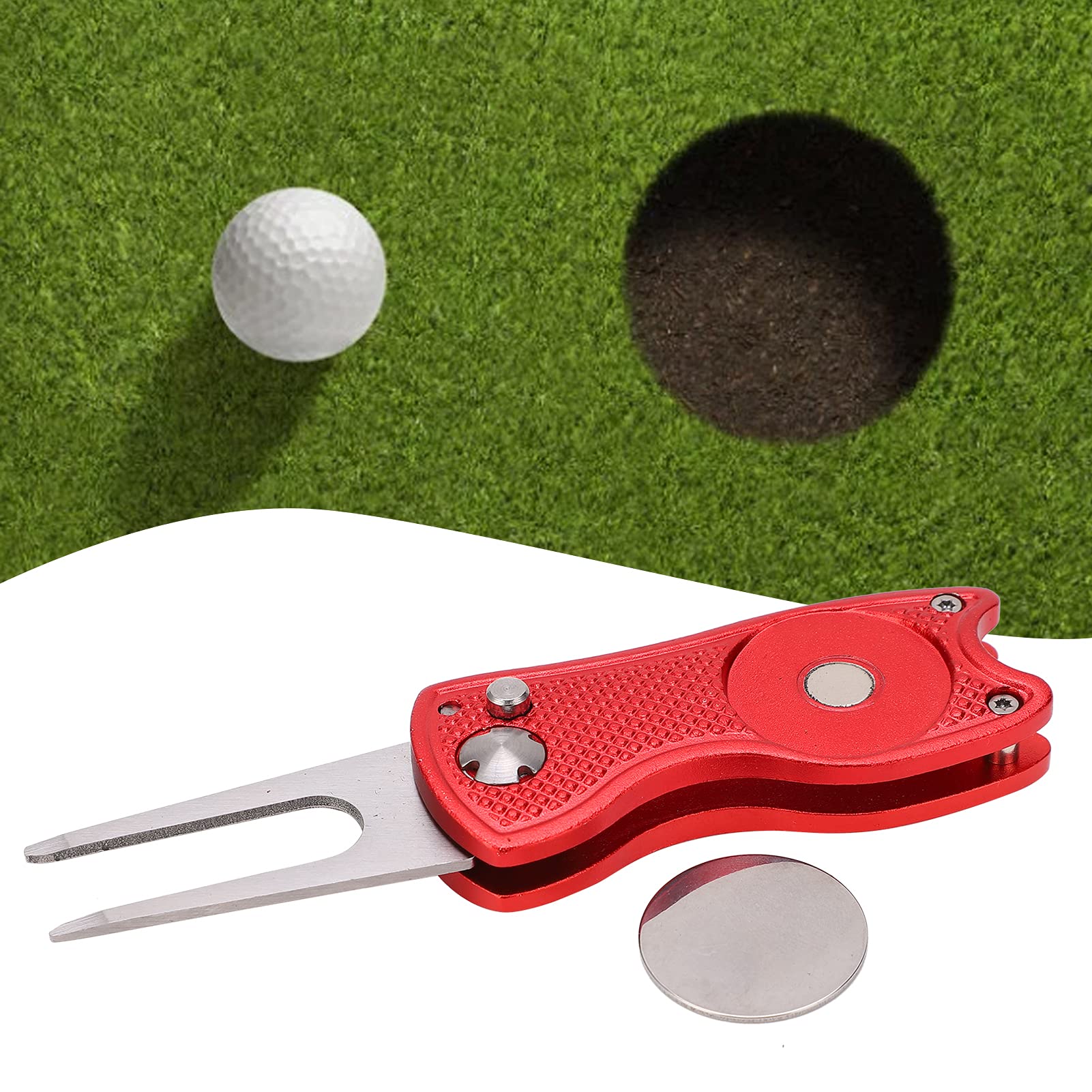 Forchetta da Golf Pieghevole in Acciaio Inossidabile, Strumento di Riparazione Divot Magnetico con Marcapalle, Rosa