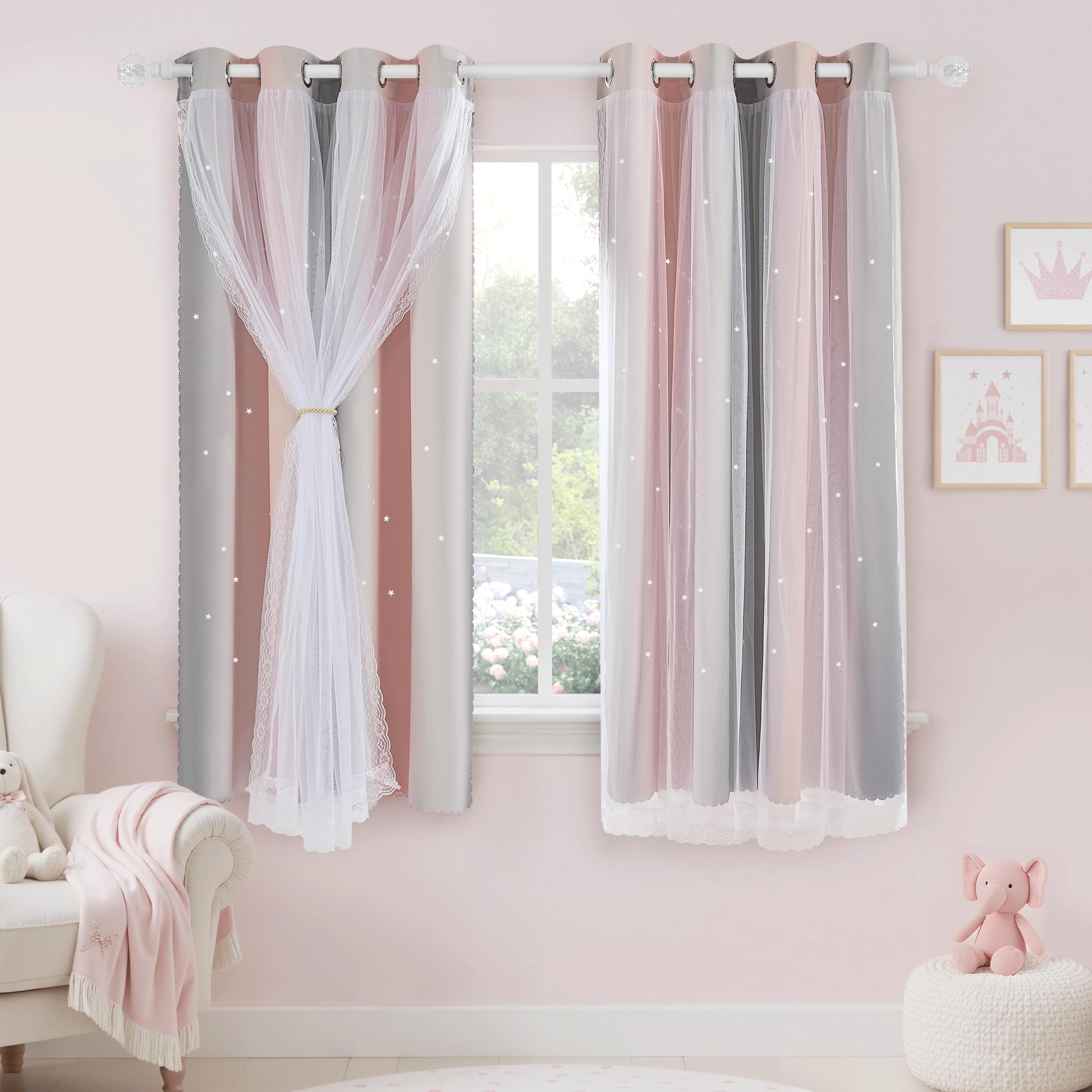 PONY DANCE Kids Curtains for Girls Bedroom with Tie Backs, Pink Grey Ombre Blackout Curtains, Star Cut-Out Double Layer Princess Room Decor with Sheer Net, 2 Panels, 132x160cm (52x63 inch)