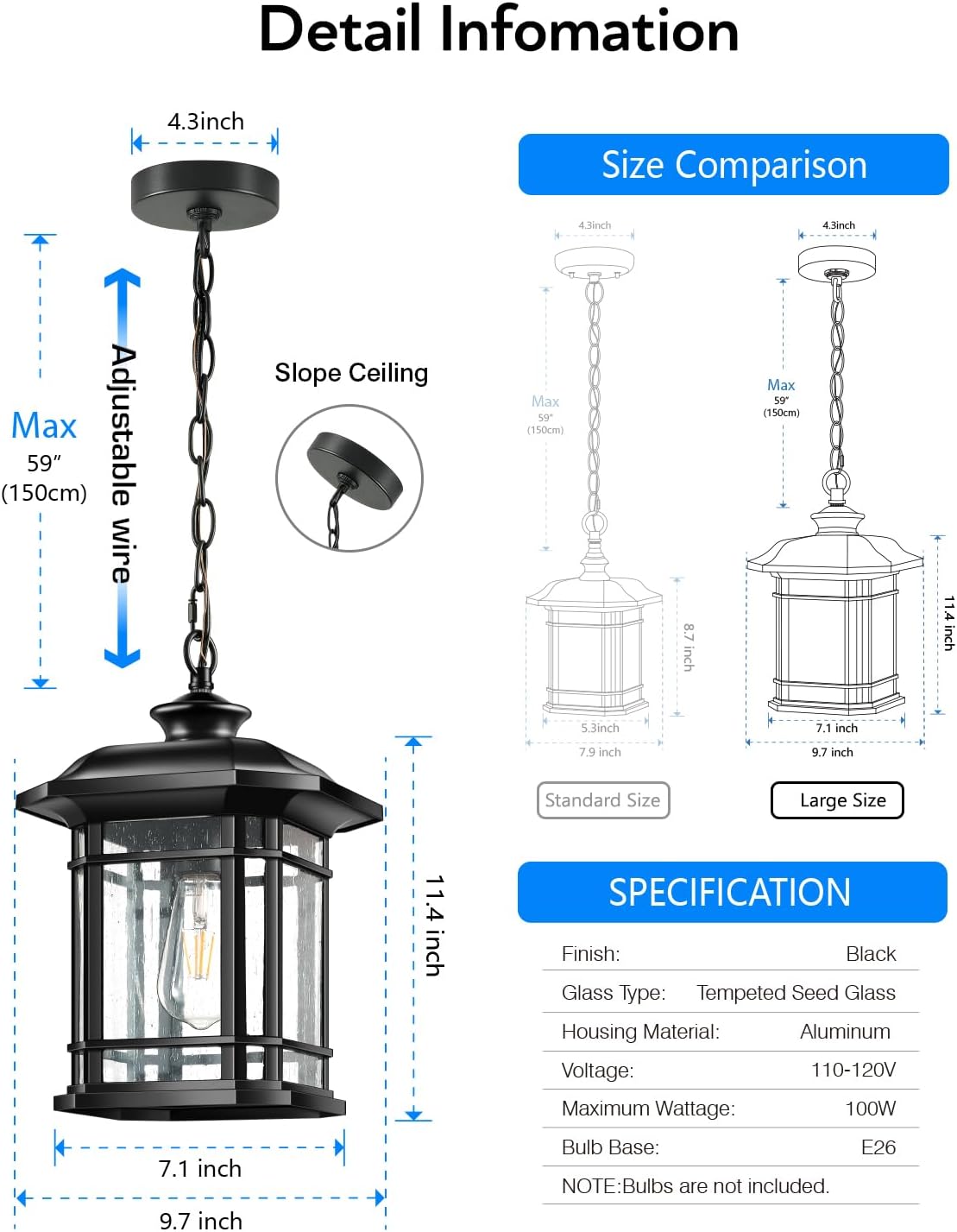 VIANIS Large Outdoor Pendant Light, Black Chandelier Lantern, Anti-Rust Outdoor Hanging Lights, Porch Lights Ceiling with Tempered Seed Glass for House