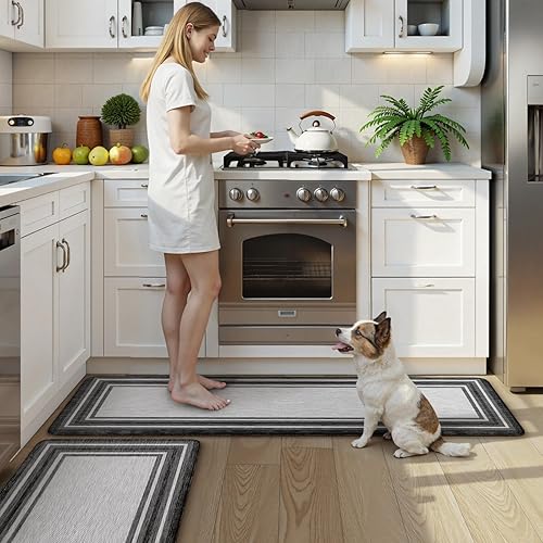 Vista 692 de KIMODE - Juego de 2 tapetes de cocina bohemios, antifatiga, antideslizantes, impermeables, ergonómicos, acolchados, cómodos, para lavandería, Caqui