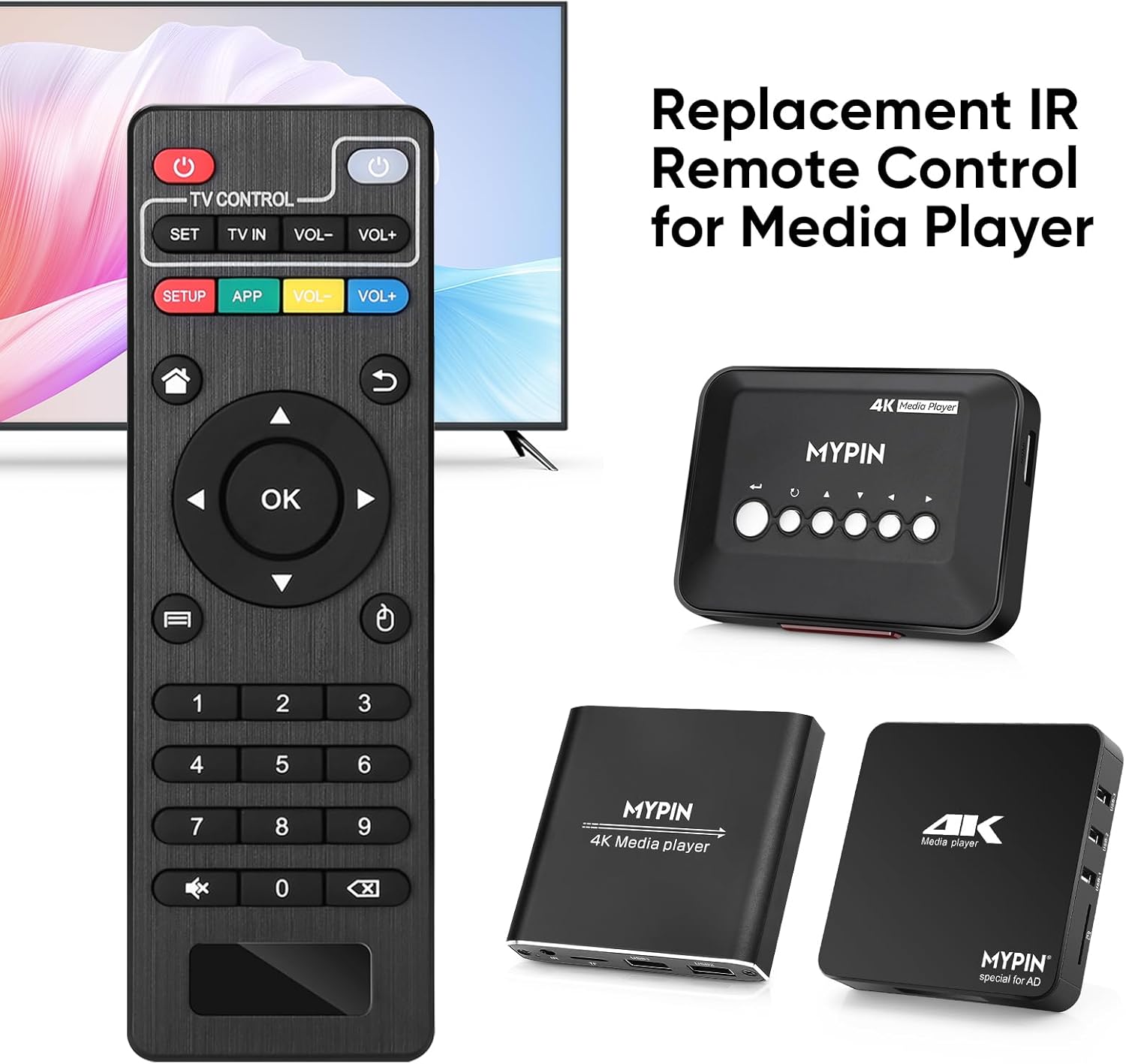Image showing the MYPIN remote control alongside various MYPIN 4K media player models, illustrating compatibility.