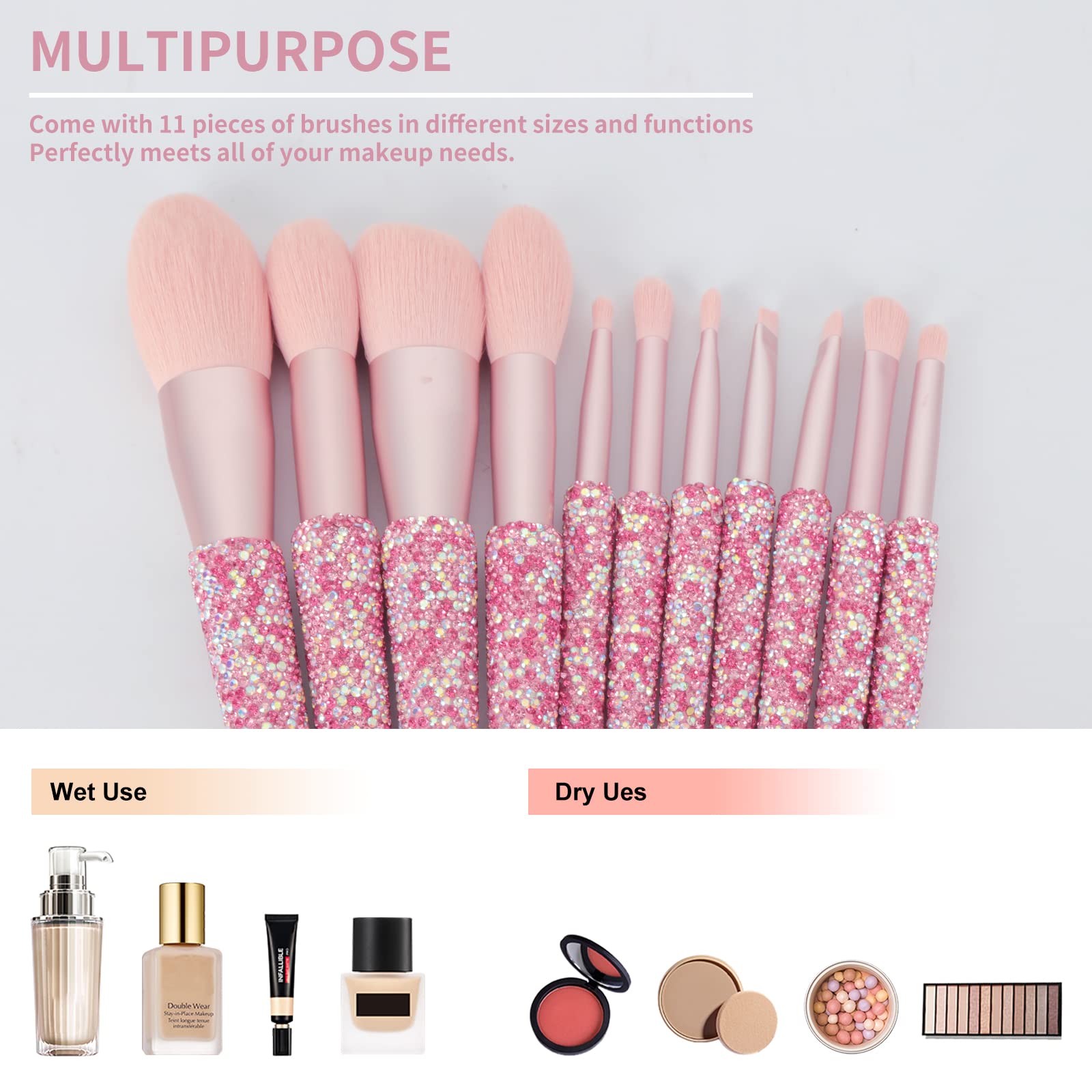 Set di 11 pennelli da trucco professionali, con strass, per miscelare fondotinta liquido, cipria, correttore, ombretti, strumenti di bellezza glitterati (rosa AB)