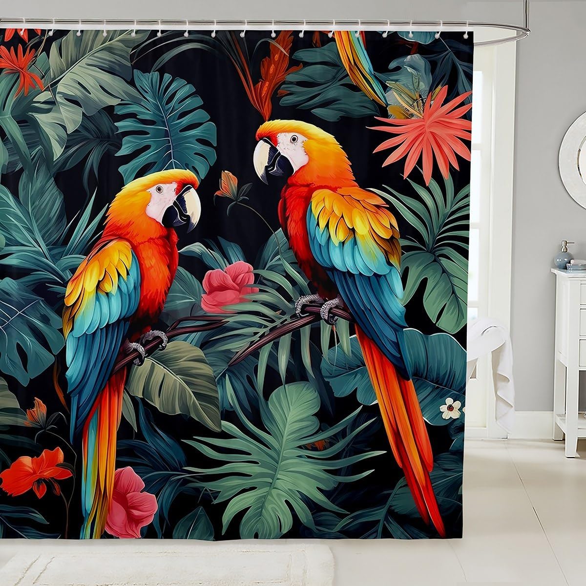 Manfei Tropical Birds Shower Curtains,Jungle Parrot Bird Wild Animal Bath Curtain,Green Palm Leaves Nature Botanical Cloth Fabric Bathroom Decor Set with Hooks,78" Long