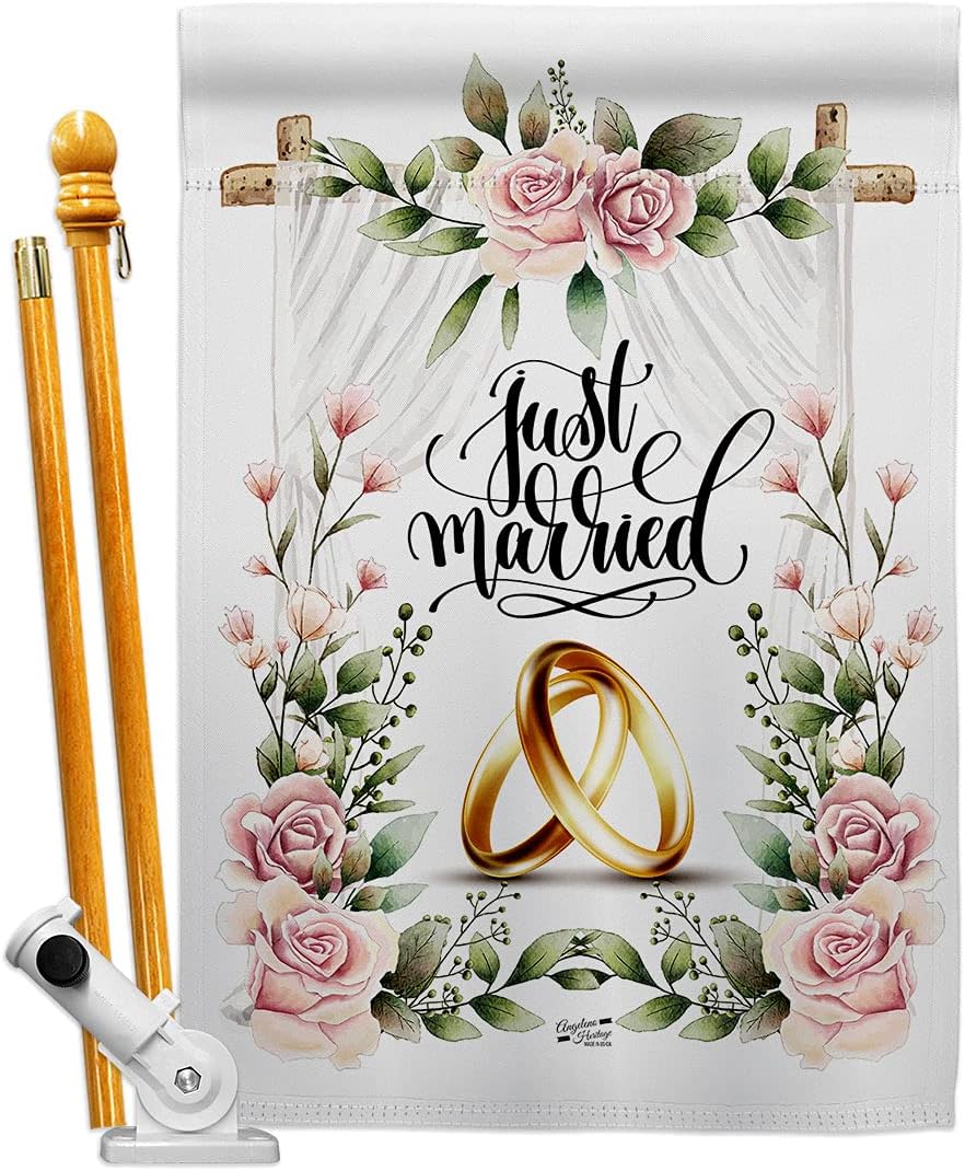 Wedding Rings Burlap House Flag Set Celebration Marriage Bride Groom Mr Mrs Occasion Anniversary Party Small Decorative Gift Yard Banner Double-Sided Made In USA 28 X 40