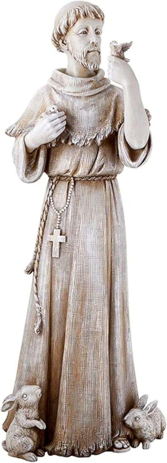 Garden Statue - Saint Francis Stone-Resin Indoor/Outdoor Catholic Sculpture, 24" Tall, Bird & Rabbit
