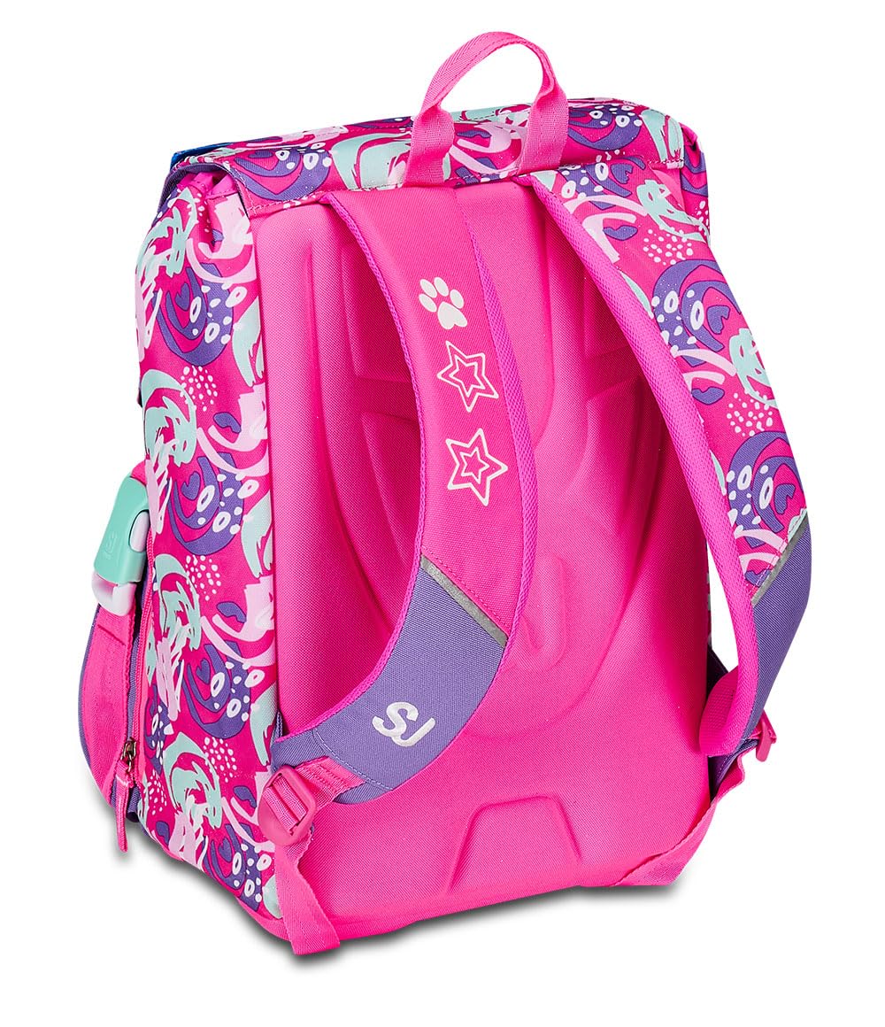 Seven Zaino Scuola SJ GANG CUCCIOLI, Rosa PATTINE CALAMITATE CON GRAFICHE DIVERSE Scuola Elementare + Astuccio Triplo Scomparto Rosa Bambina
