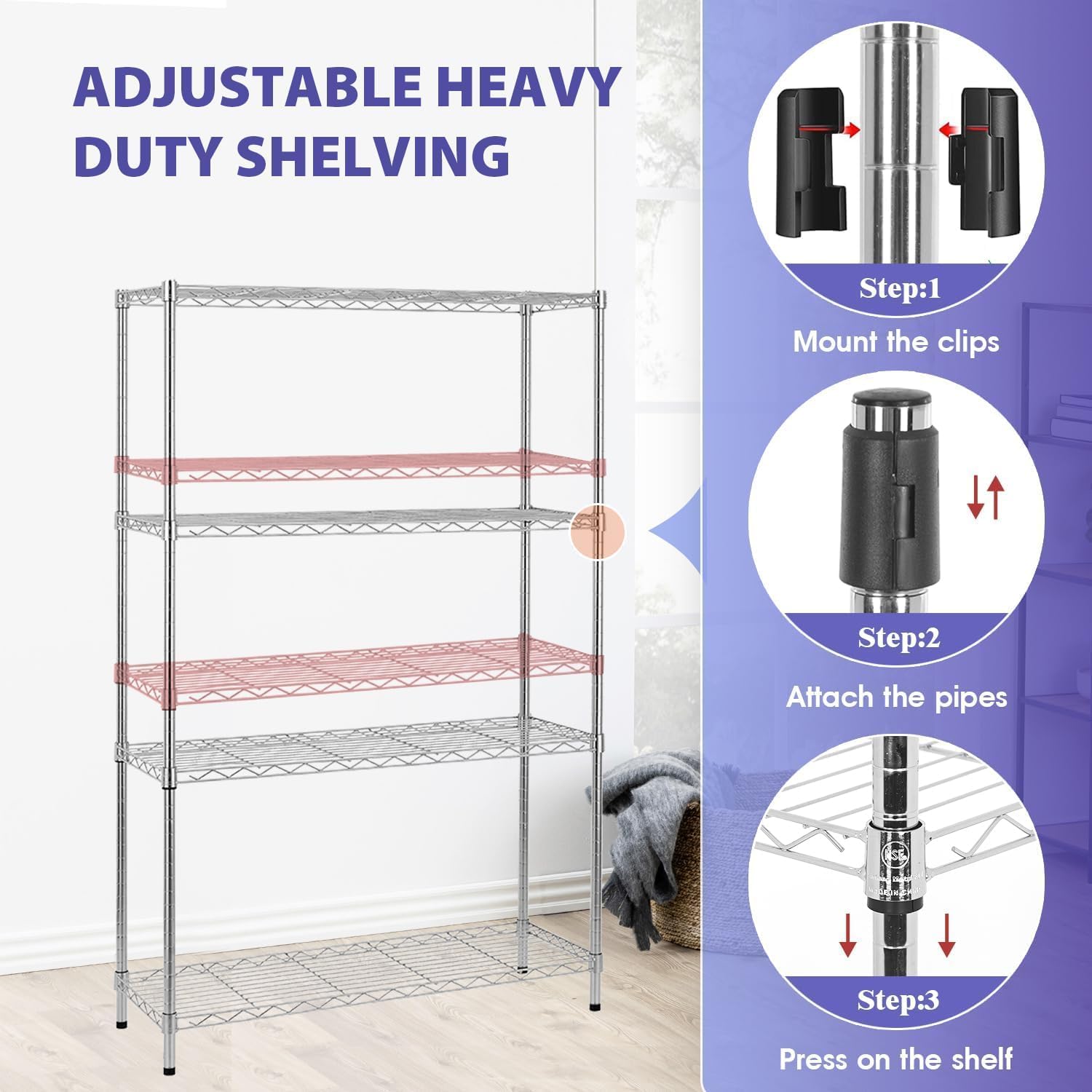YRLLENSDAN Heavy Duty 4-Tier Wire Shelving Unit – NSF Certified Adjustable Metal Storage Rack for Kitchen, Garage, Pantry – 1000 lbs Capacity – 36" W x 14" D x 54" H