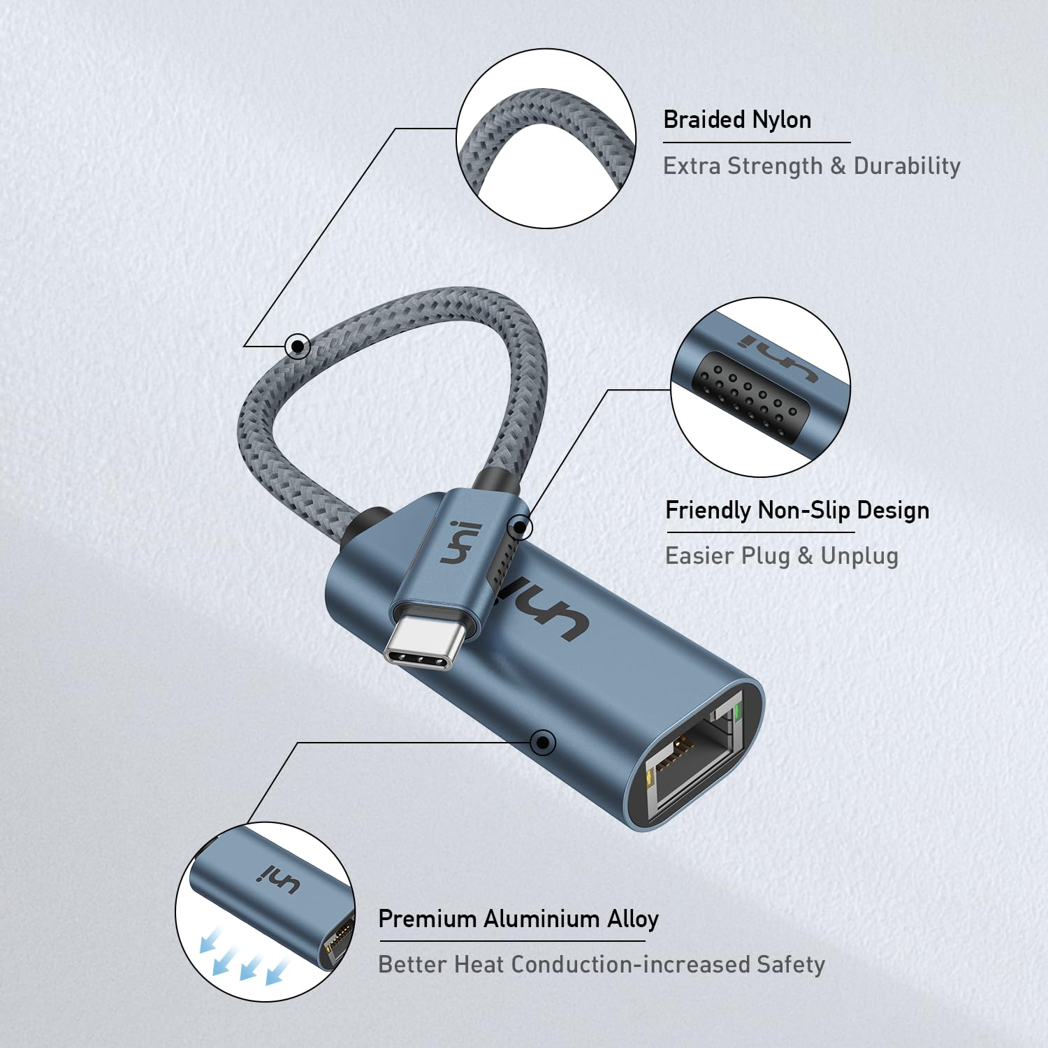 uni Adattatore da USB C a Ethernet, RJ45 a USB C Adattatore di Rete LAN Gigabit Thunderbolt 3/Type-C, Compatibile con MacBook, iPad Pro, Surface, Chromebook, Dell XPS ecc.-Blu notte