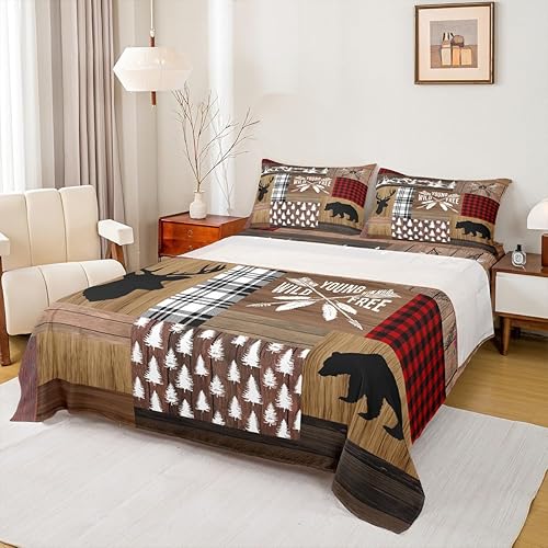 Juego de sábanas bajeras retro de cabaña, 4 piezas, diseño rústico de aventuras, oso y ciervo, caza y vida silvestre, animales salvajes, juego de