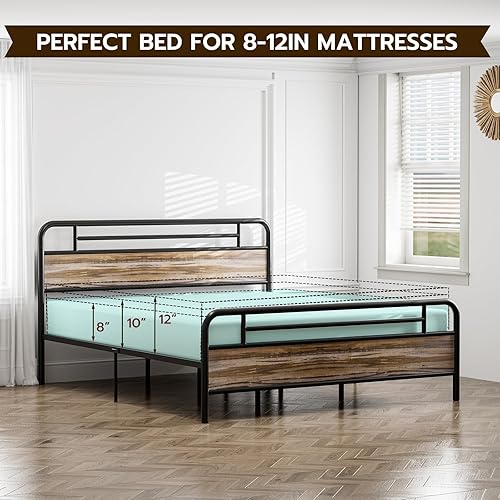 Miniatura 17 de IKIFLY Base de cama California King con cabecero de madera, cama de plataforma de metal California King, listones de acero resistente, Marrón