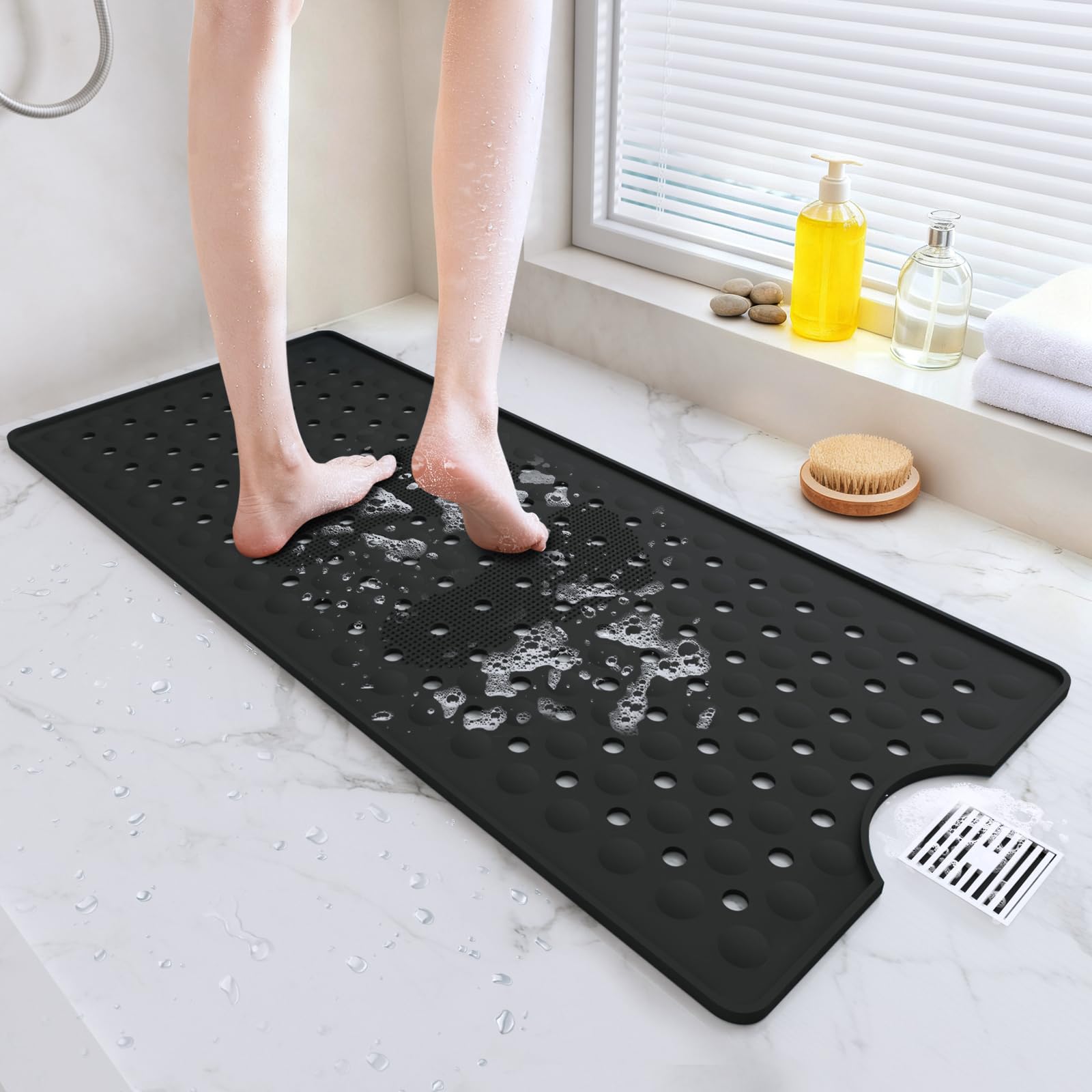 METEOROCK Bath Mat Non Slip Anti Mould, 90 x 40 cm Long Bath Mat with Drain Holes, Shower Mats for Bathtub, Large Suction Cups for Stronger Suction, Soft on Feet Design, Black