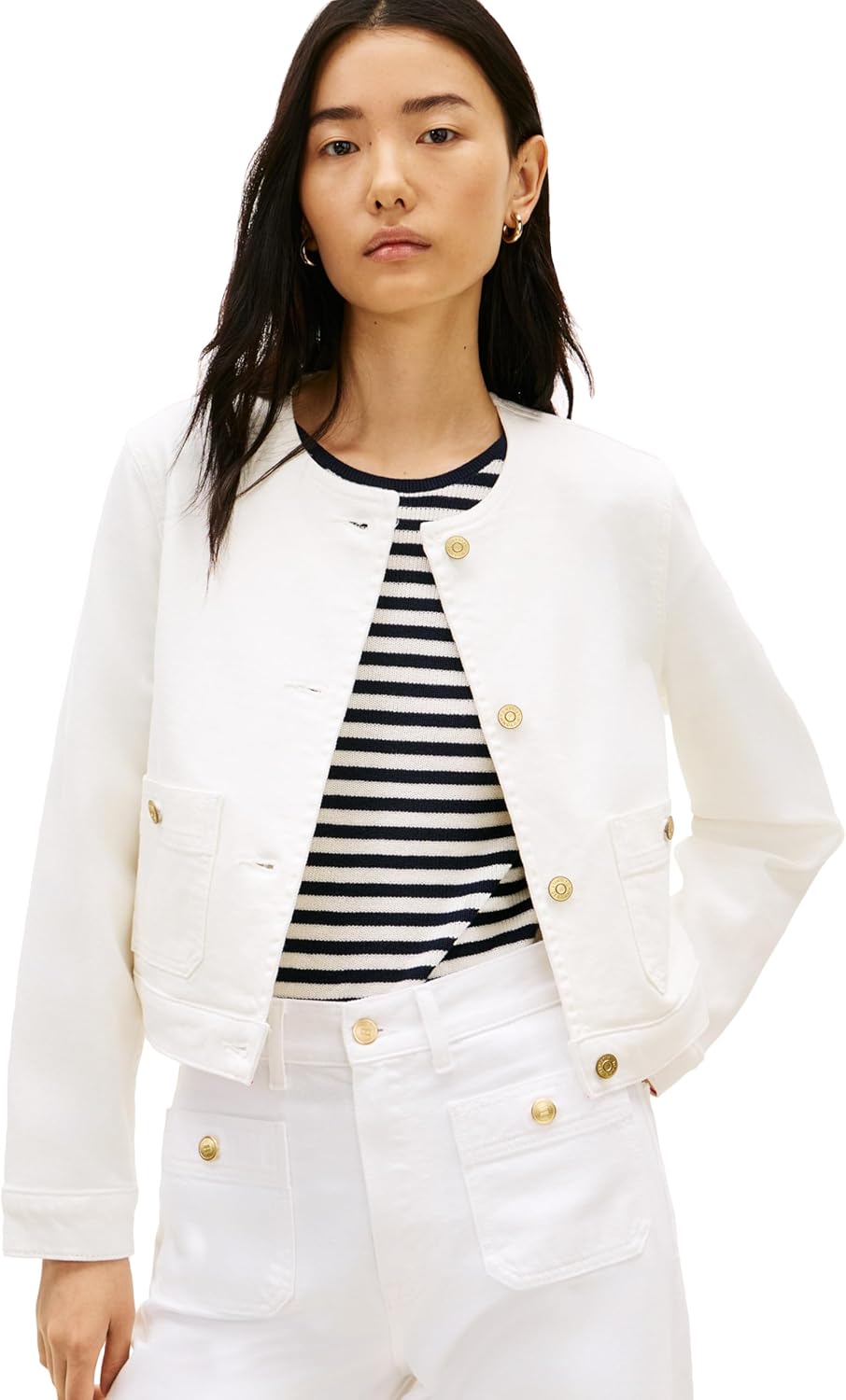 Tommy Hilfiger Women's Denim Jacket Lightweight Collarless Button Down Jean Jacket