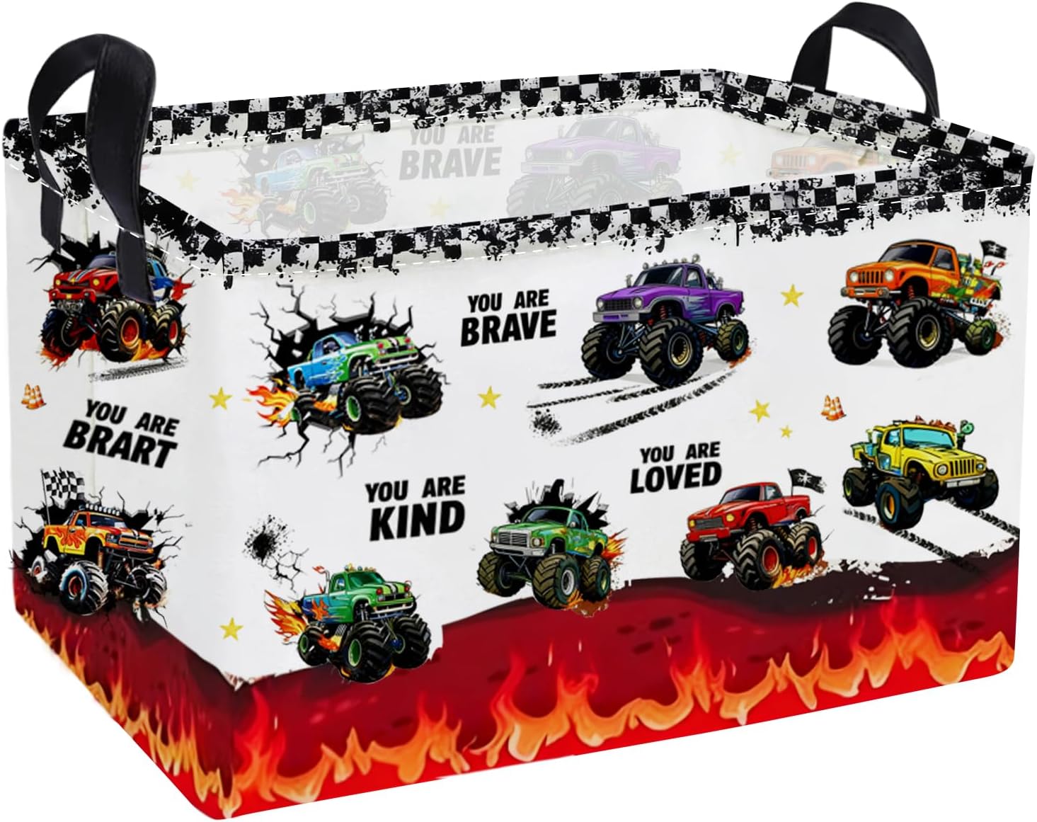Essme Rectangular Kids Baskets,Monster Truck Storage Box,Cute Basket for Kids with Handles for Room Decor, Book Bins,Shelf Basket.(Flame truck)