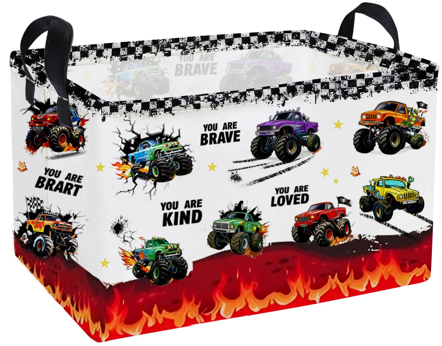 Essme Rectangular Car Baskets,Monster Truck Storage Box,Cute Basket with Handles for Room Decor, Book Bins,Shelf Basket.(Flame truck)