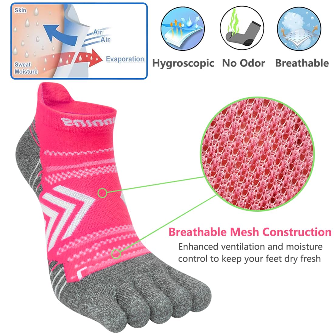 Calcetines de Correr Mujer Algodón Calcetines Cinco Dedos Separados de Deporte Tobilleros Amortiguado Running para Deporte Yoga Viajes - 6 Pares