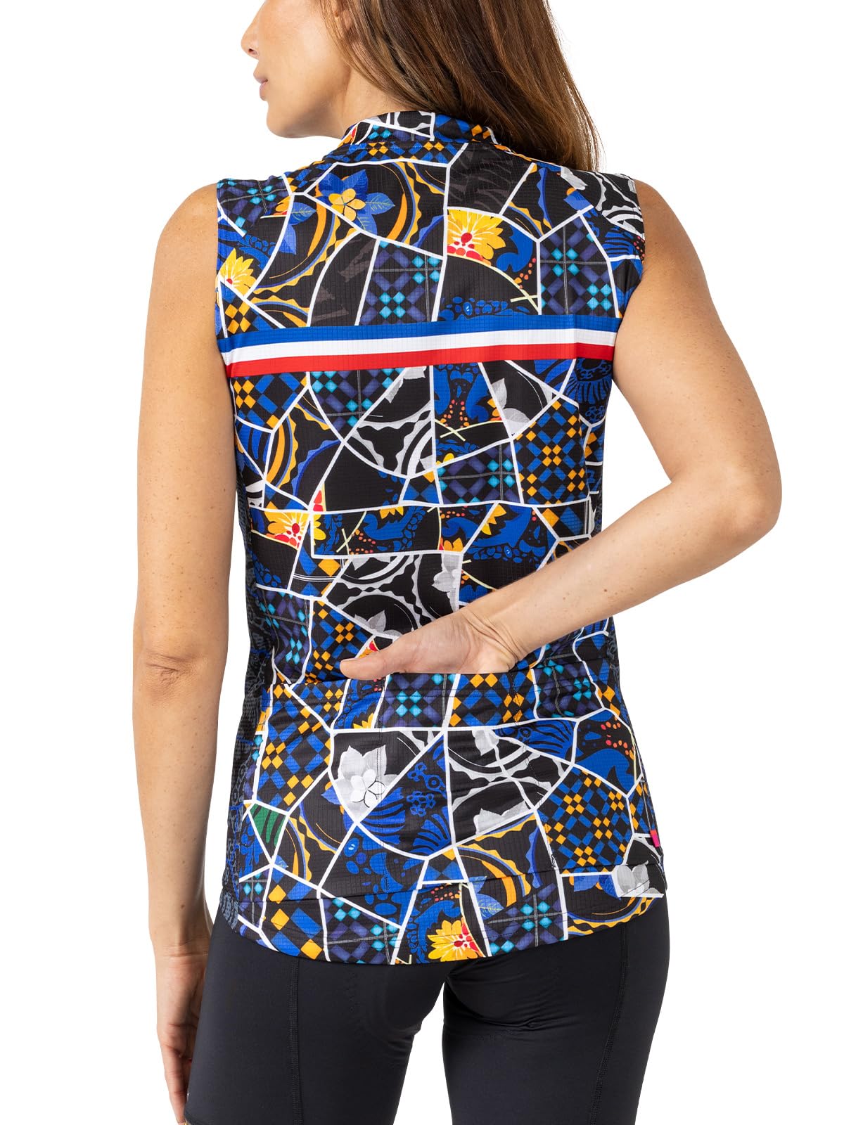 Terry Radtrikot für Damen, charakteristisch, ärmellos, mit Taschen, athletische Passform, durchgehender Reißverschluss vorne, Sommer-Top