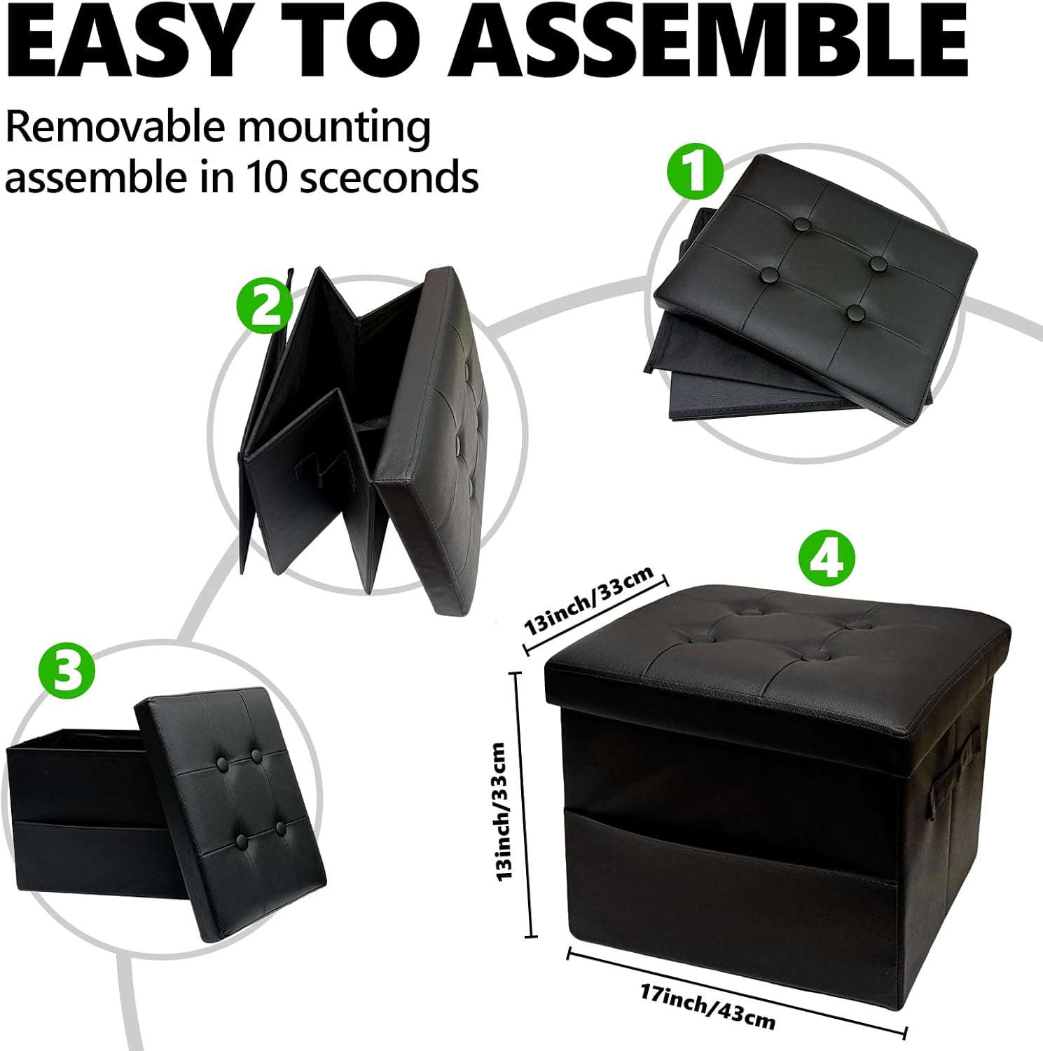 ALASDO Storage Ottoman Footrest Stool Small Ottoman with Storage Foldable Ottomans Foot Rest Footstool Bench for Living Room 17x13x13inches Black