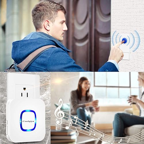 Miniatura 6 de Timbre inalámbrico Coolqiya con 2 botones remotos y 3 receptores de enchufe, no necesita pilas para receptor de más de 50 campanadas, blanco