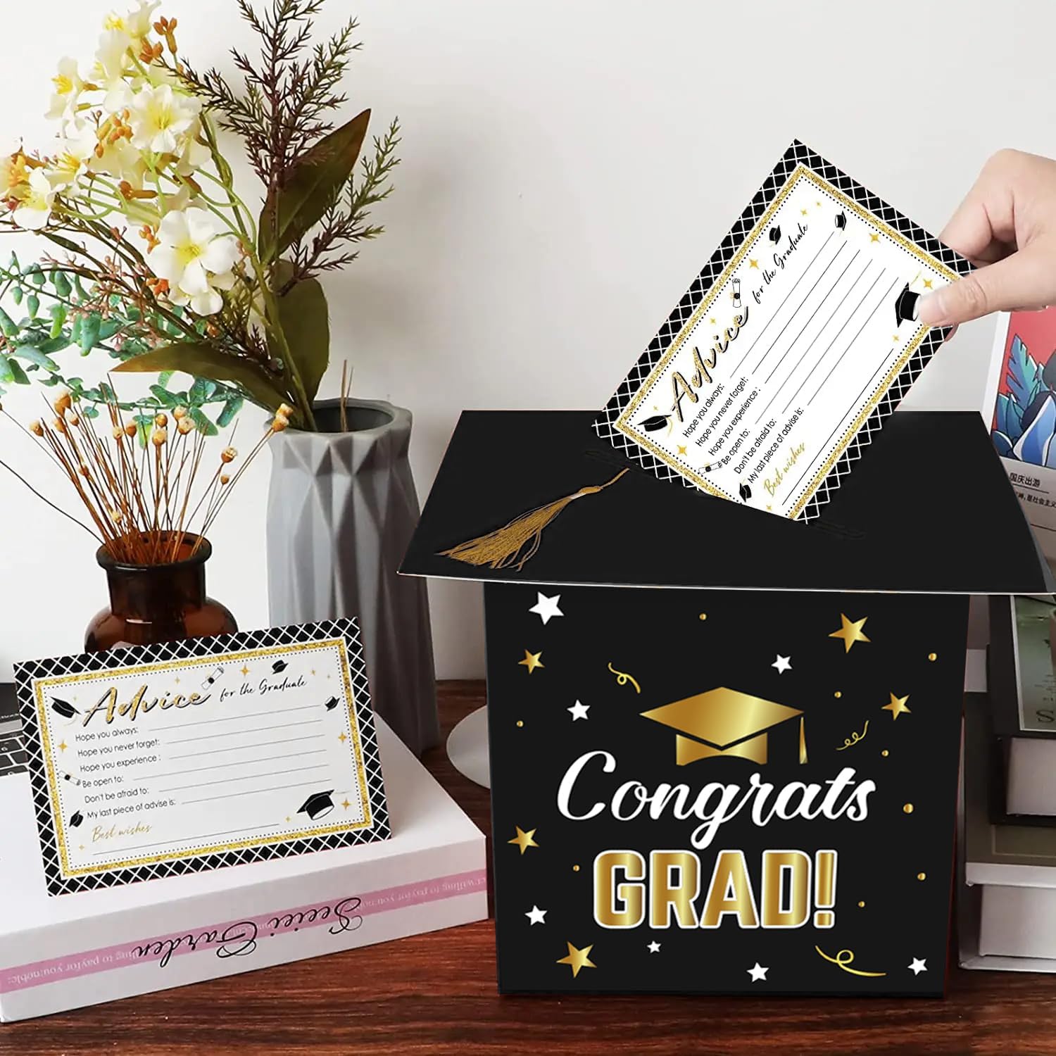 Jremreo 7.9x7.9x10.2 Inches Graduation Card Box Holder, Large Congrats Grad Foldable Cardboard Suggestion Voting Box, Graduation Cap Design with Tassel, Ideal for Votes at Grad Parties