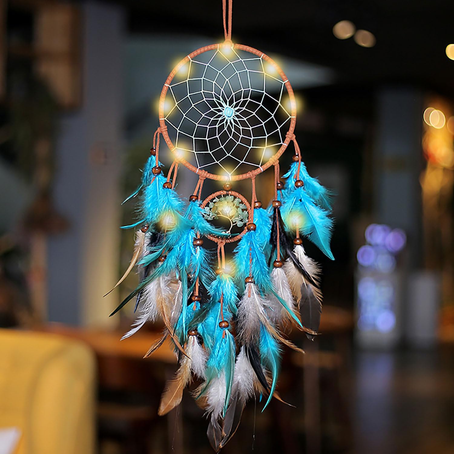 Dream Catcher Blue Tree of Life with Feathers, Mobile LED Fairy Lights Handmade Indians Traditional Circular Net for Wall Hanging Decor, Bedroom Kids, Home Decoration Wedding Party Blessing Gift