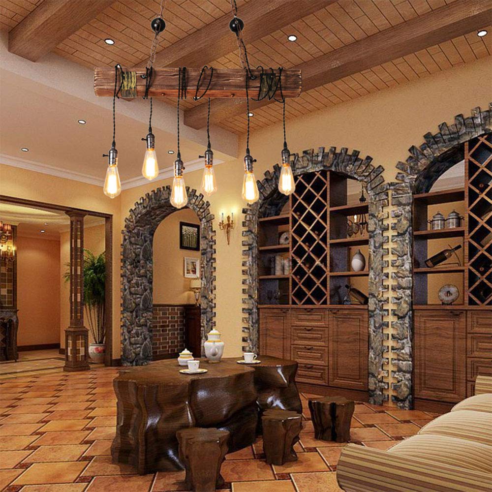 Lampada a Sospensione Vintage Lampadario Industriale Metallo Nero e Vetro in Legno Rustico Lampadari Regolabile in Altezza Per E27 Adatto Per Camera da Letto Soggiorno Del Ristorante Lampadario