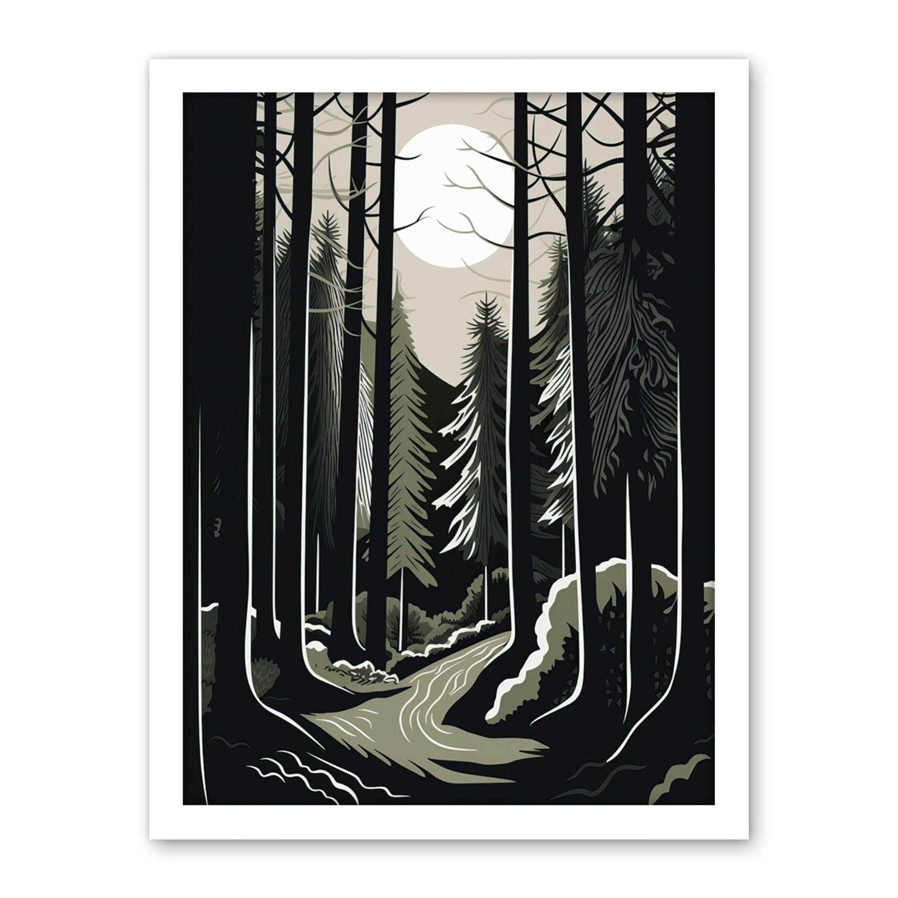 Artery8 Full Moon Night at Pine Forest Landscape Linocut Artwork Framed Wall Art Print 18X24 Inch