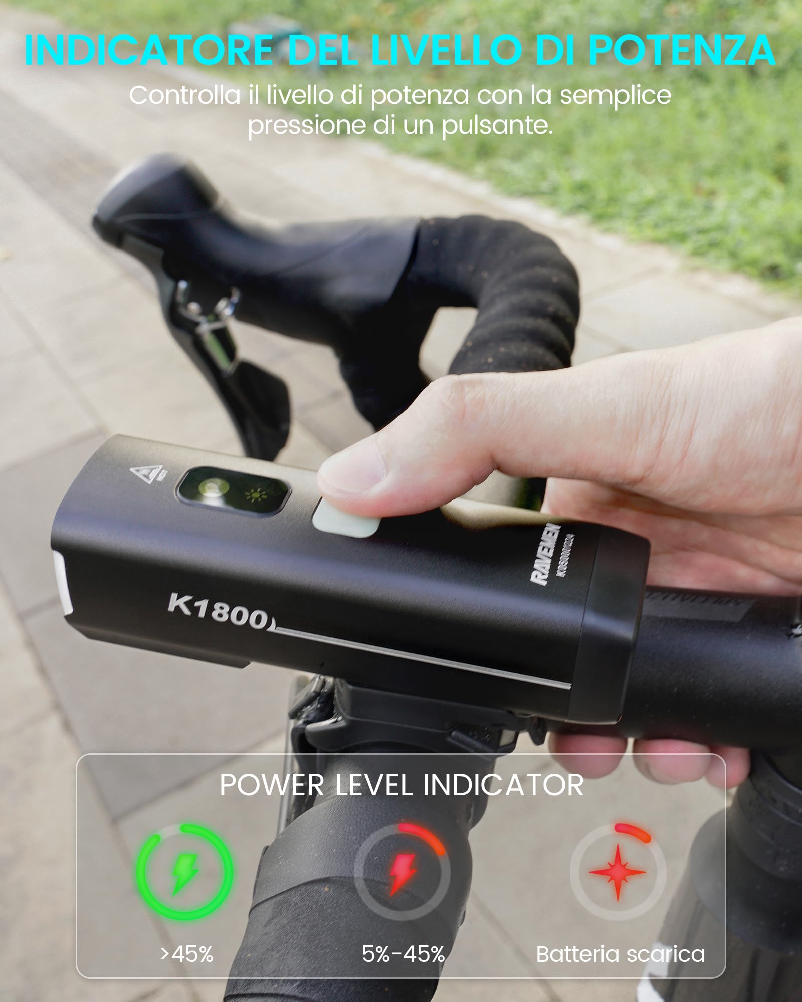 RAVEMEN 1800 Lumen Intelligente Anteriore per Bicicletta, Modalità di guida notturna e diurna intelligente Regolazione automatica Della Luminosità, Carica e scarica USB-C IPX7
