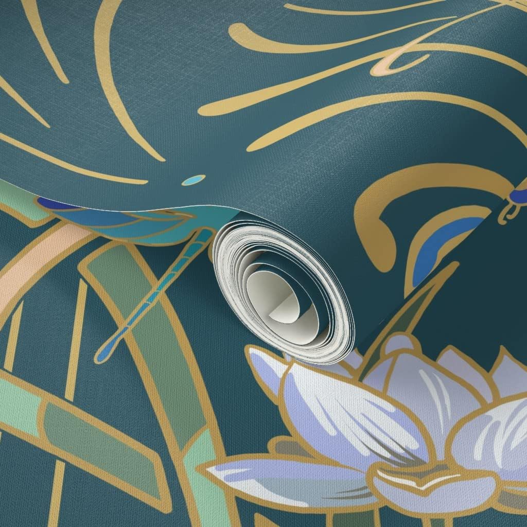 Peel & Stick Wallpaper 3ft x 2ft - Art Nouveau Dragonflies Deep Teal Green Classy Aqua Deco Contemporary Dragonfly Custom Removable Wallpaper by Spoonflower