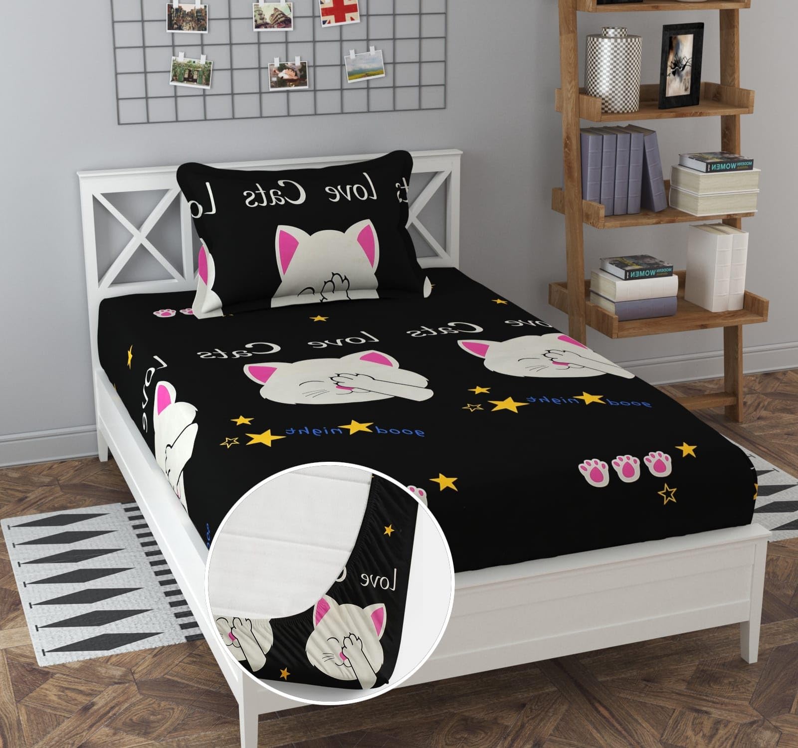 Prime Collection Cotton-Mix Fitted Single Bedsheet with 1 Pillow Cover for Single Bed with All Around Elastic 165 TC Size - 72X36X6 Fit Upto 6 Inches Mattress Color Black Cat-image-18