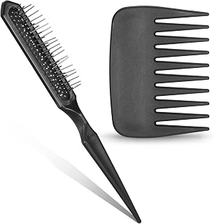 Gtziqa 2PCS Wide Tooth Detangling Comb Set & 3-Row Wig Brush for Thick Curly Wavy Wigs, Extensions, Synthetic Hair - Black