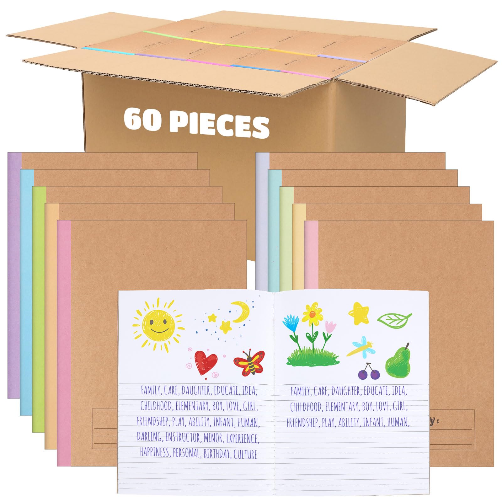 Henoyso Lot de 60 carnets de composition primaire de 24 x 19 cm pour enfants, fournitures scolaires, carnet d'écriture primaire K-2 pour enfants, étudiants, dessiner et écrire des histoires (couleur