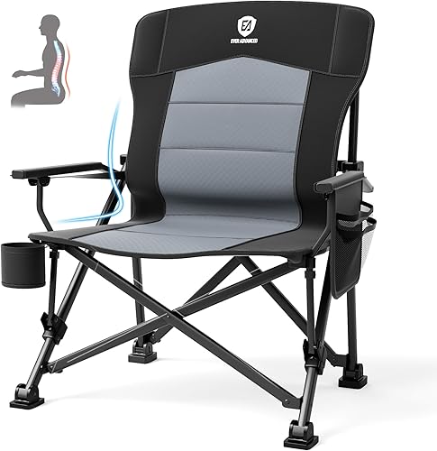 EVER ADVANCED Oversized Folding Camping Chair for Adults with Adjustable Lumbar Support, Heavy Duty Chair with Side Pockets, Portable Collapsible