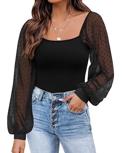 Jhsnjnr Womens Mesh Swiss Dot Puff Long Sleeve Shirt Casual Basic Ribbed Tshirt Tops Scoop Neck Blouses Summer