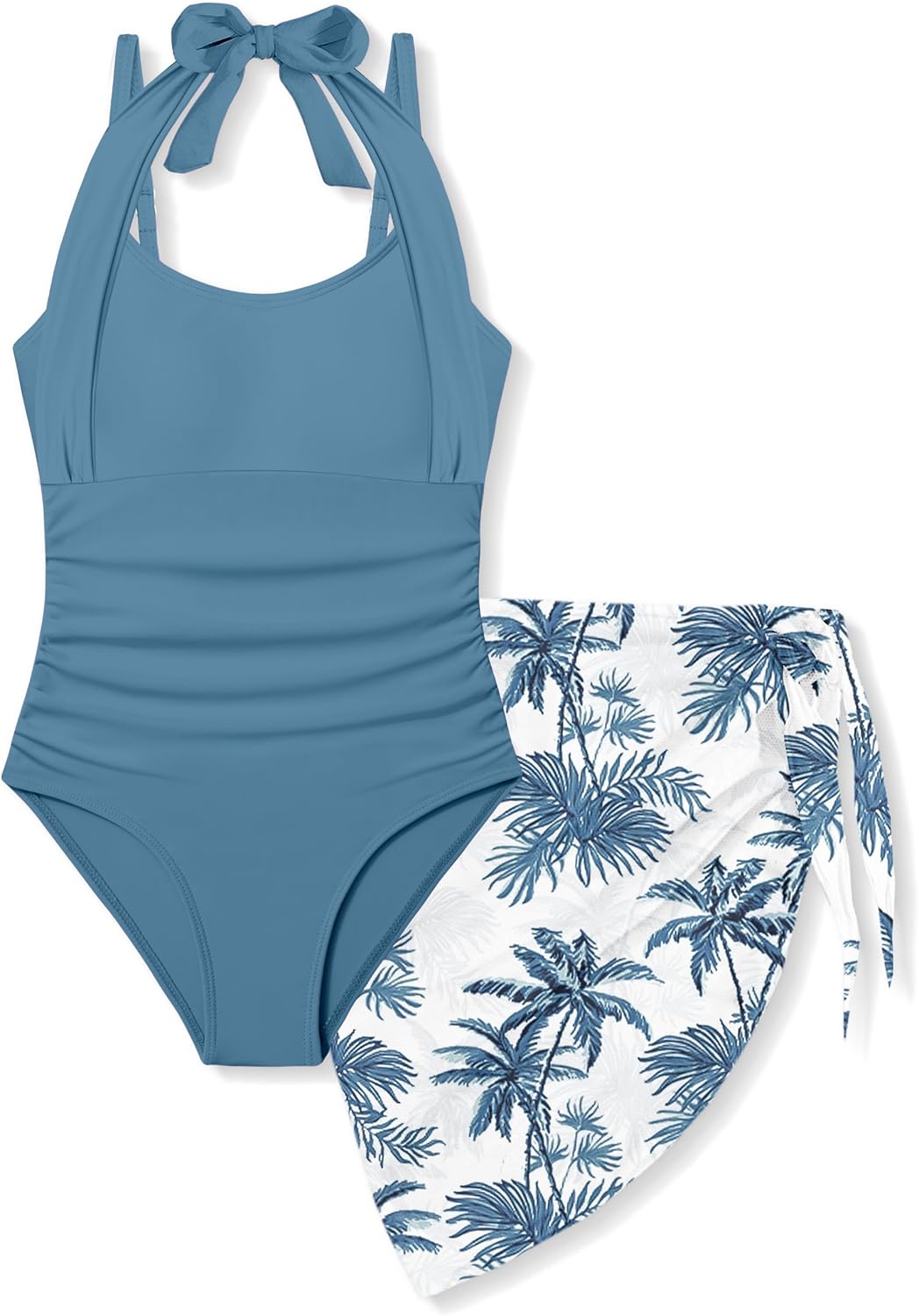 Girls Swimsuit Halter Neck One Piece Bathing Suit with Tropical Printed Cover Up Skirt Girls' Swimwear Set 7-18Y