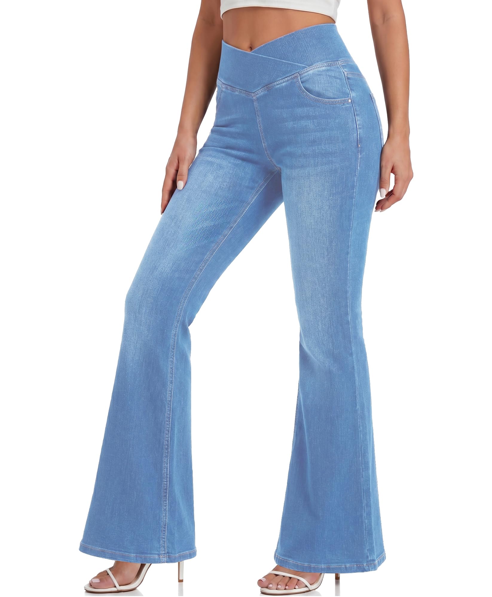 LaiEr Damen Bootcut Jeans mit V-förmigem Kreuzdesign und hohem Bund,elastischem Bund zur Bauchstraffung,lässige figurbetonte Yogahosen,mit Katzenbart-Effekt.hochelastische und weiche Denim Hose