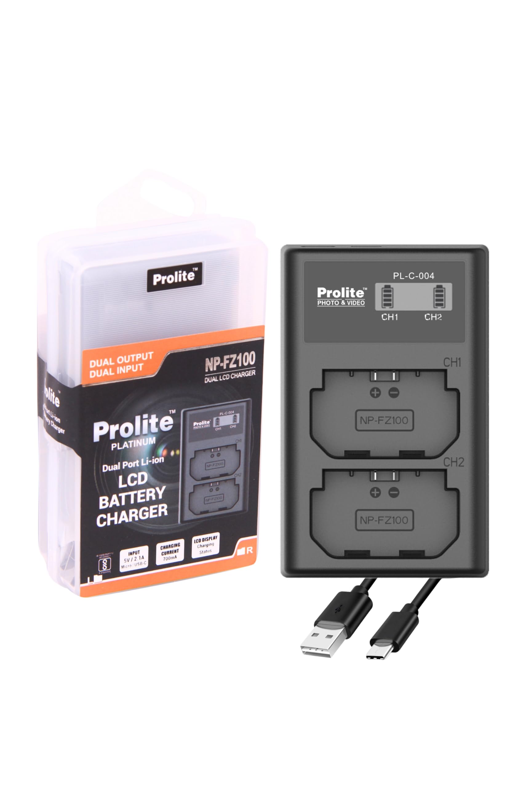 Prolite Dual LCD Charger for Camera NP-FZ100 Li-ion Battery | Comes with Type C + Micro USB Port, Type-C Wire