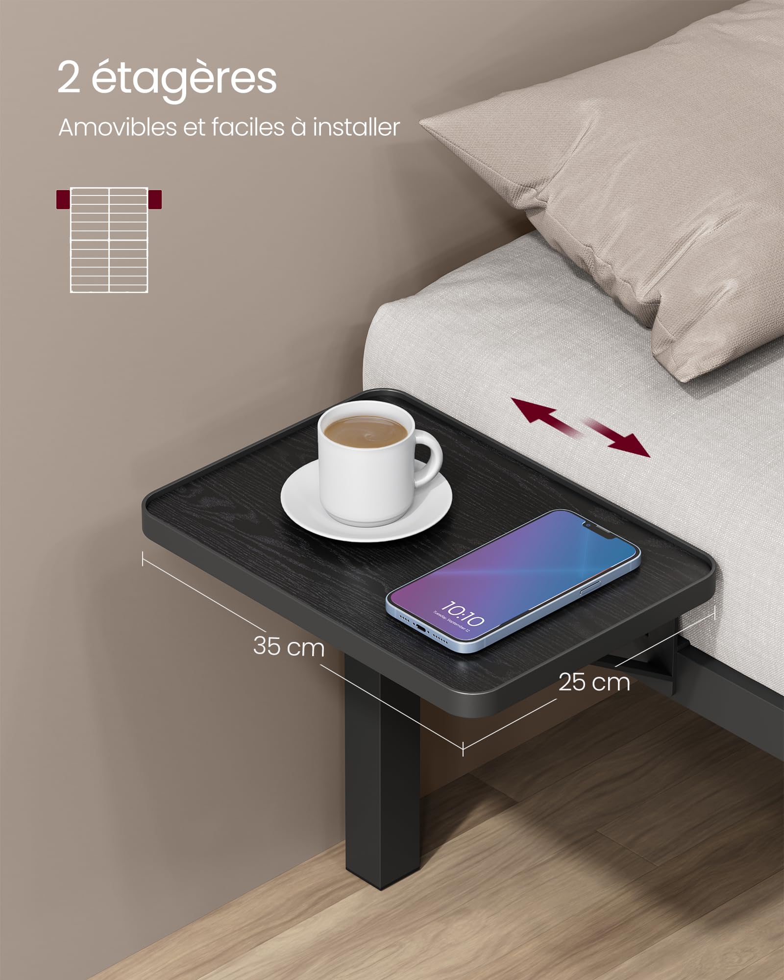 VASAGLE Cadre de Lit 160 x 200 avec Sommier Métal, Cadre en Métal avec Étagères de Rangement, Tête de Lit, pour Adolescents, Montage Facile, Noir Classique RMB095B01