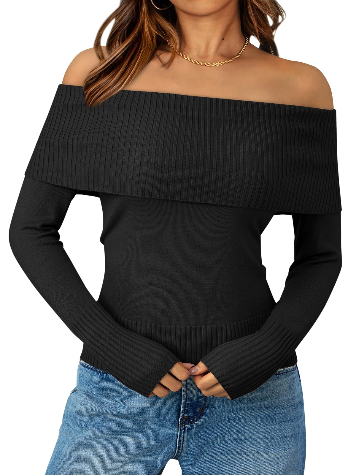 Trendy Queen Off The Shoulder Sweater for Women Cute Fall Going Out Tops Pullover Knit 2025 Sexy Date