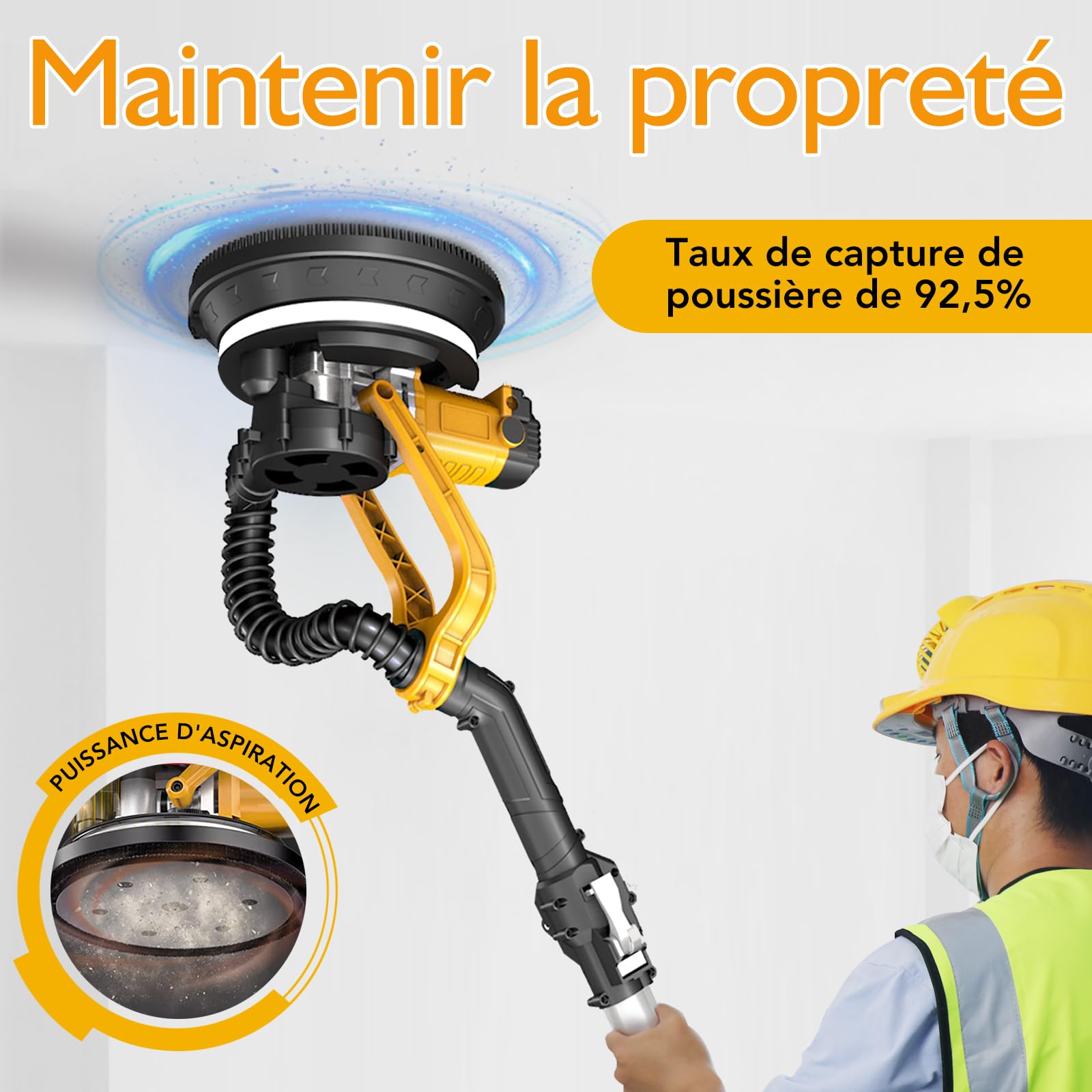 Ponceuse Girafe avec Système d'aspiration Automatique (880w), 5 vitesses,1000-2100rpm, Ponceuse Murale Électrique Pliable, avec lumière LED, Poignée Pliable et Sac d'aspiration
