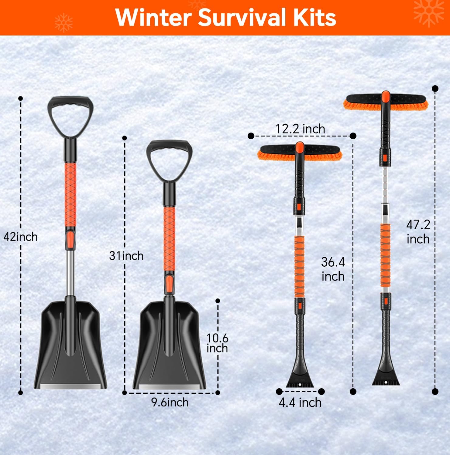 7 in 1 Snow Shovel & Snow Brush Kit, 47.2" Ice Scrapers & Snow Shovel Kit, Car and 360° Pivoting Car Scraper Snow, 7 in 1 Extendable Snow Brush with Foam Grip Glove.