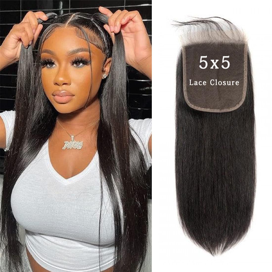 DUAUJUIU Closure Human Hair 100% Brazilian Virgin Human Hair 5x5 Transparent Lace Closure for Women Straight Wave 20 Inch