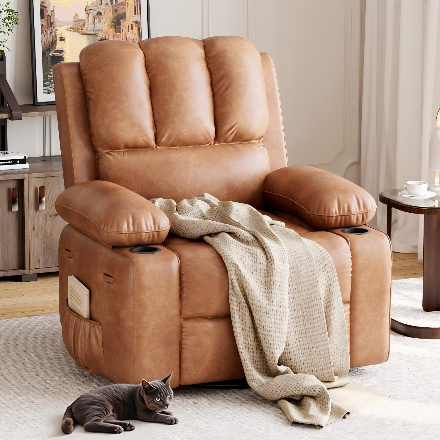 GarveeHome Oversized Recliner Chairs, Classic Manual Leather Recliner, Home Theater Seating with Lumbar & Arms Support for Living Room, Bedroom and Nursery - Vintage Brown