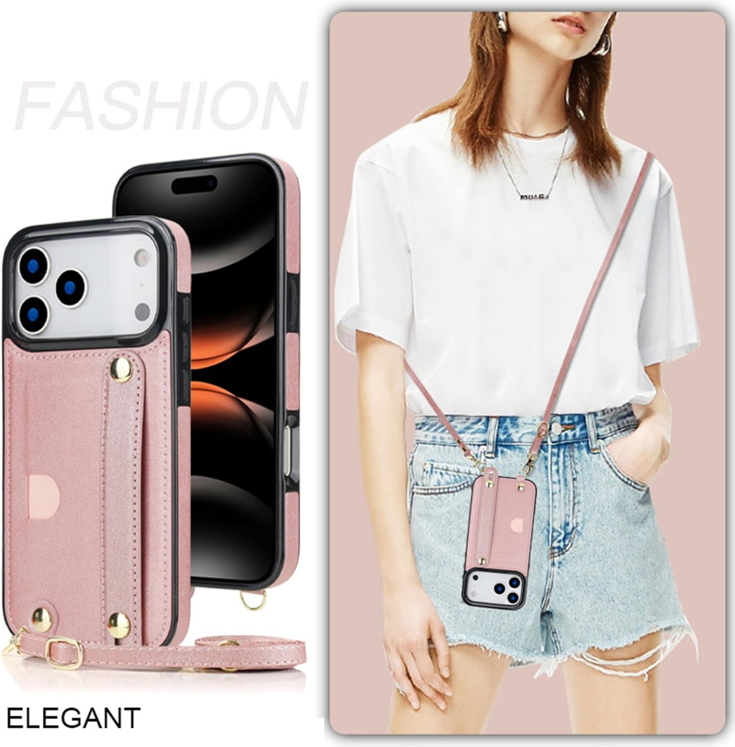 Wallet Case for iPhone 17/17 Air/17 Pro/17 Pro Max, Leather Cover Wrist Strap Stand Card Slot Holder Shell with Crossbody Lanyard Strap Pink