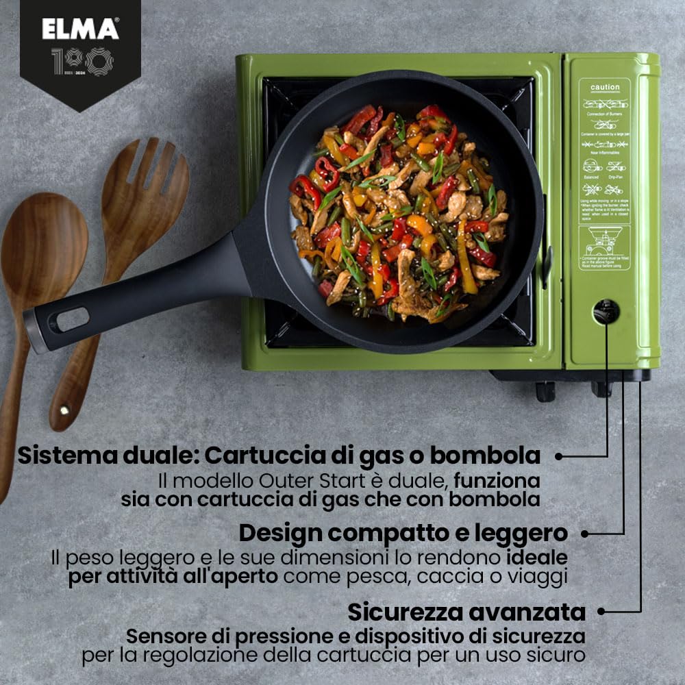 Fornello a Gas Portatile Elma Outer Start Compatibile con Cartucce Butano EN417 e Bombole Butano/Propano, Ideale per Campeggio, Viaggi e Outdoor | con Valigetta di Trasporto, 2,3 Kw, Verde