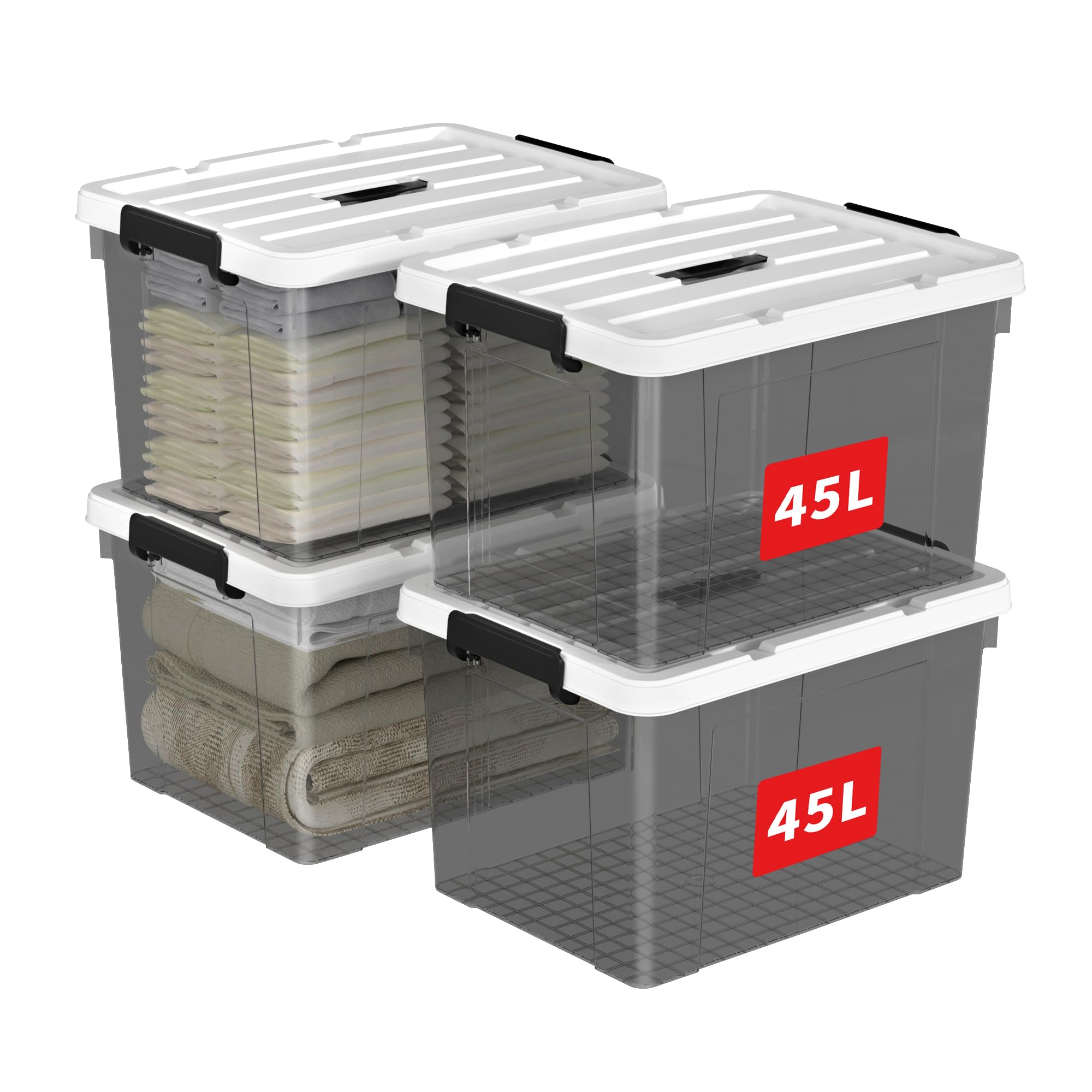 Cetomo 45L*4 Caja de Almacenamiento con Asa, Caja de Plástico con Tapa y Cierre Seguro, Contenedor de Almacenamiento Grande, Duradera, Apilable, Resistentes, Negro Transparente, Paquete de 4 de 45L
