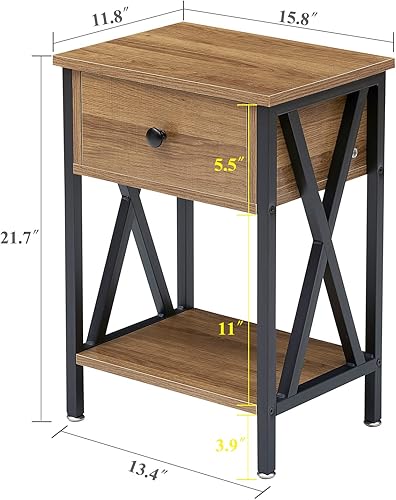 Miniatura 65 de VECELO - Juego de mesita de noche moderna de 2 piezas con cajón para sala de estar, dormitorio, marco de metal industrial, mesa, color marrón